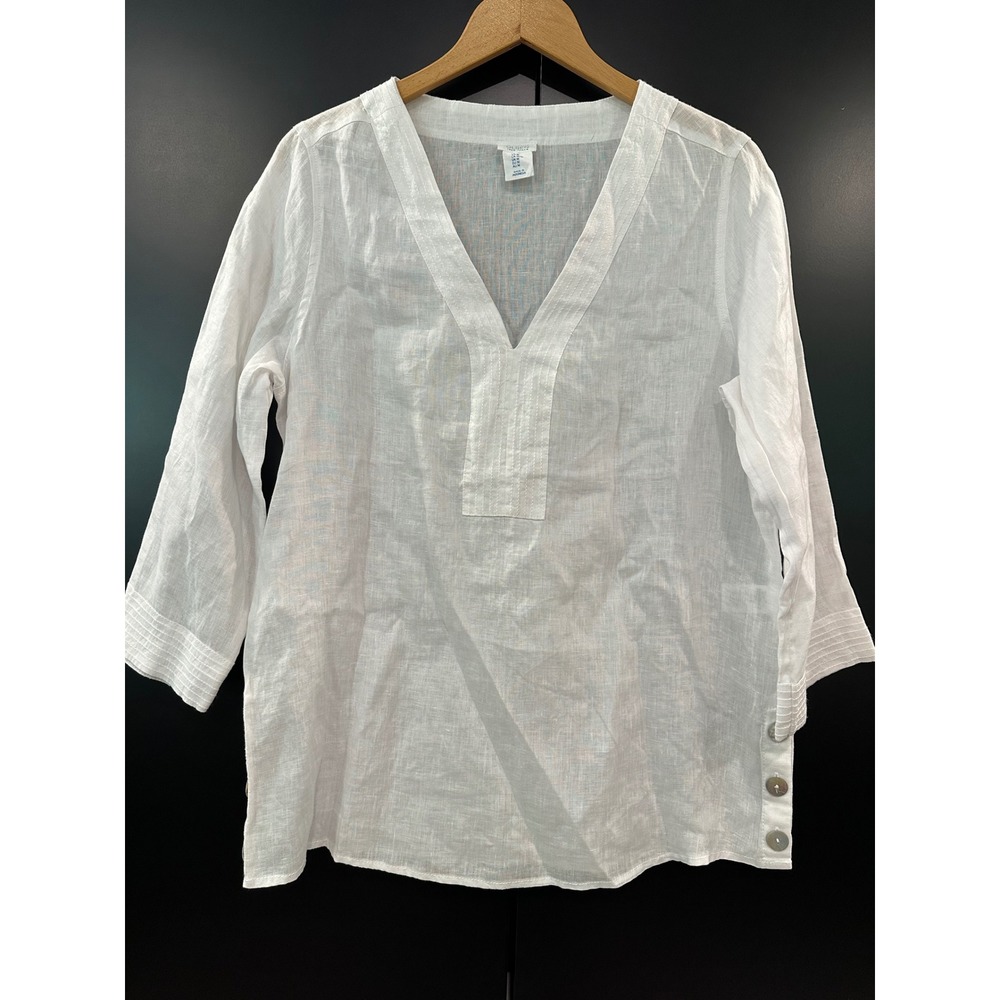 Sigrid Olsen Womens White 100% Linen V-Neck Tunic Blouse Button Side Size M